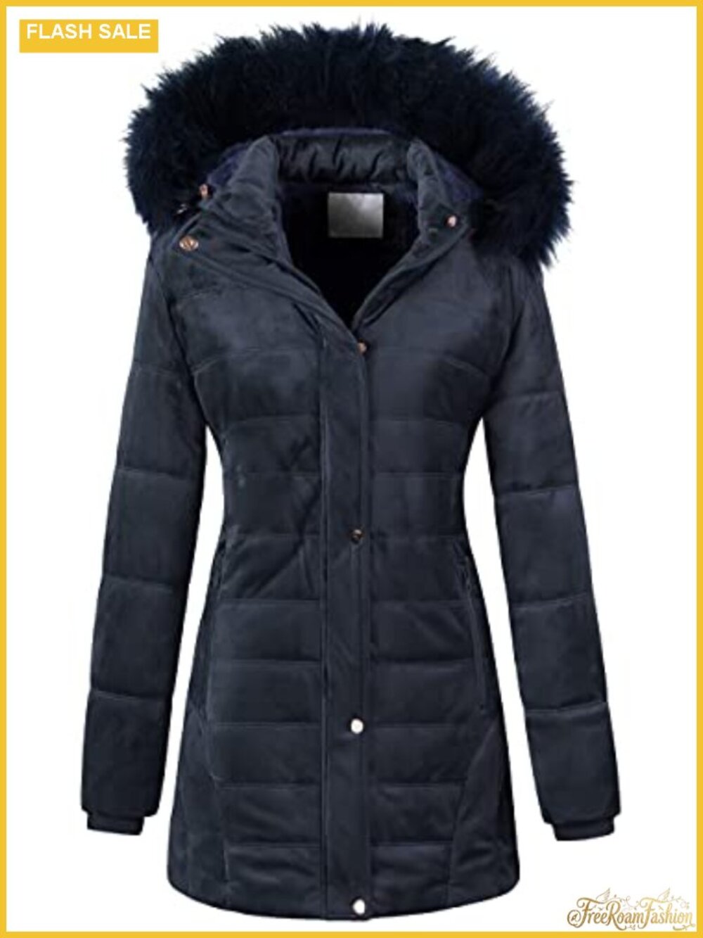 Velvet Puffer Jacket Quilted Faux Fur Hood Winter Coat